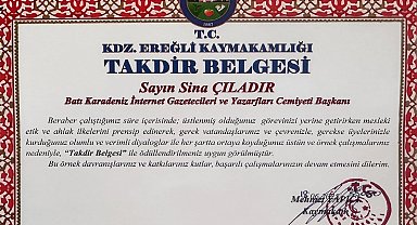 Kdz. Ereğli Kaymakamı'ndan BATİYAC Başkanı Çıladır'a takdir